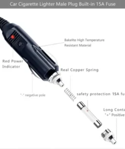 Alternative view of 12V Cigarette Lighter Male Plug with Battery Clamp 3 Feet 16AWG Copper Wire 15A Built-in Fuse