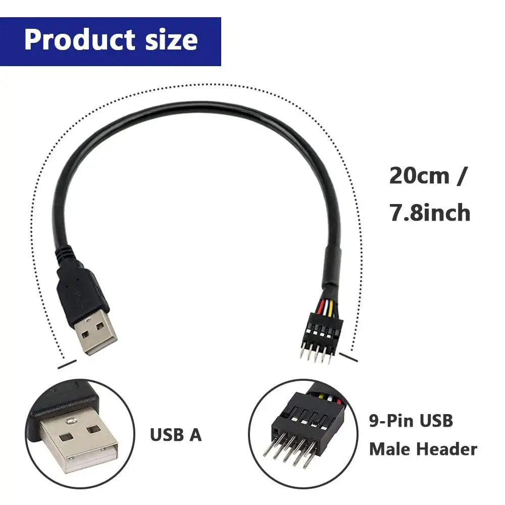 9-Pin USB Motherboard Male Header to Single USB 2.0 Type a Male Cable - Image 3