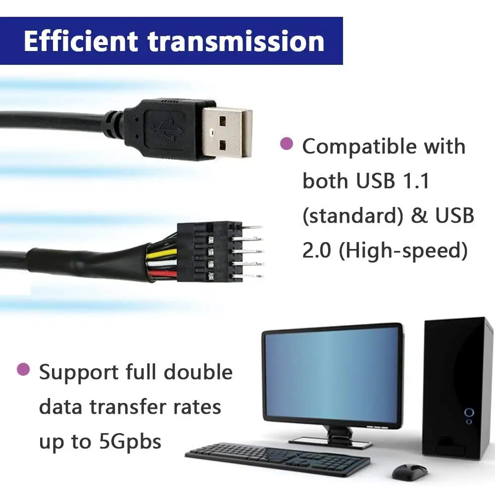 9-Pin USB Motherboard Male Header to Single USB 2.0 Type a Male Cable - Image 2
