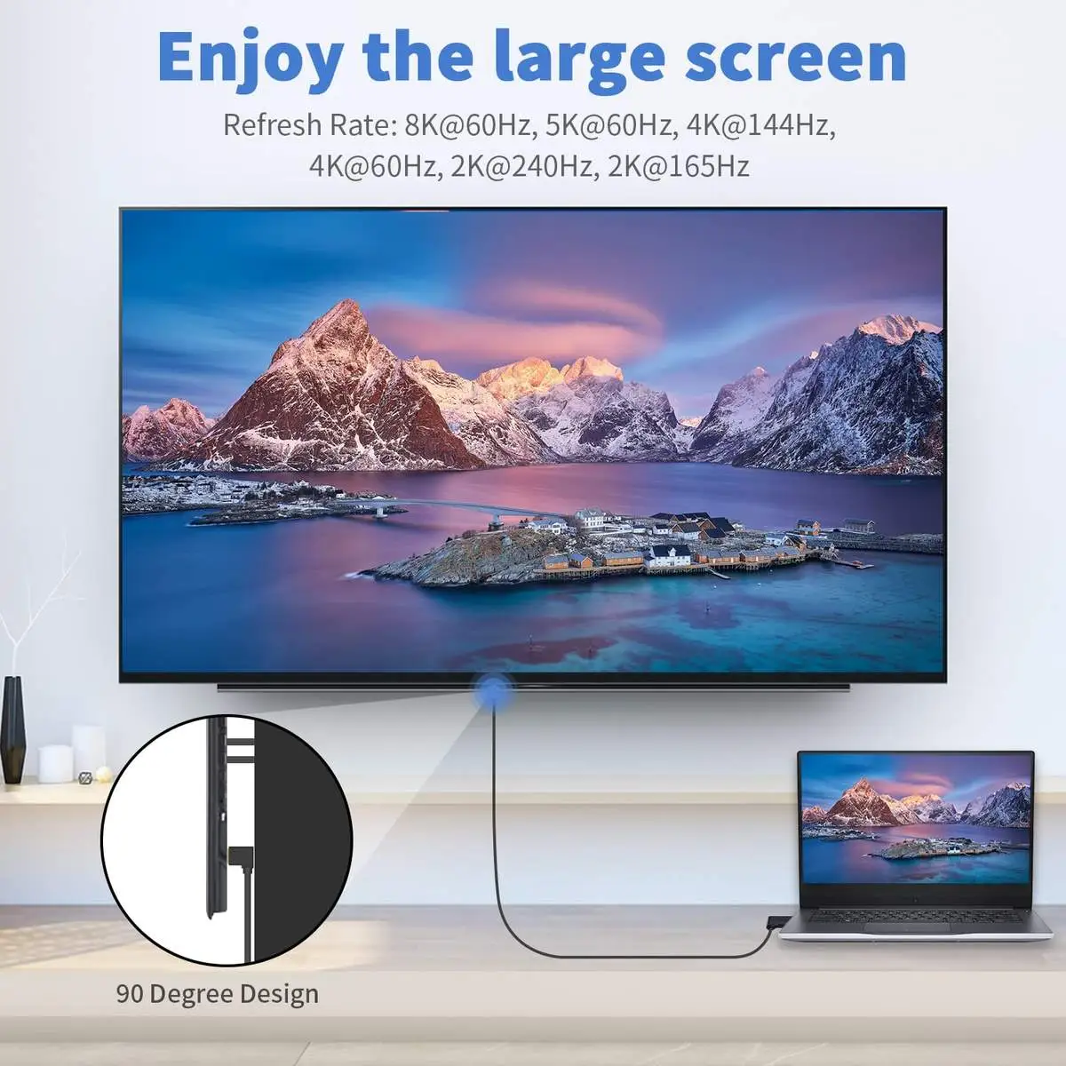 Right Angle Displayport 1.4 Cable, 90 Degree DP Male to Left Male Cable - Image 4