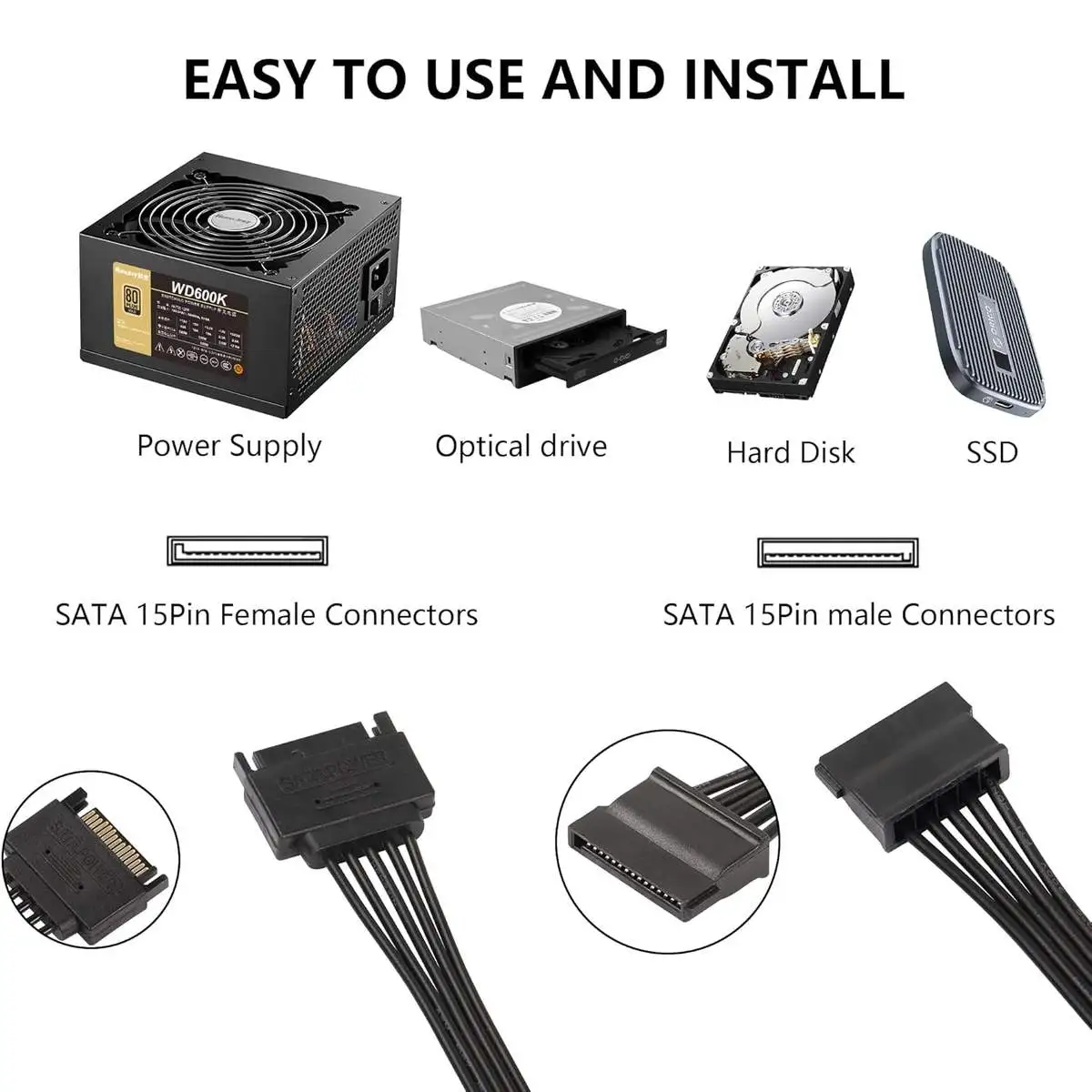 SATA Power Splitter Cable, 15Pin SATA Male to 5 SATA Female Power Extension Hard Drive Cable - Image 6