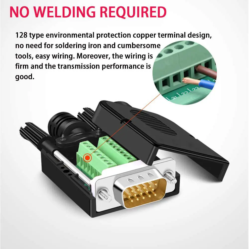 VGA Solderless Quick Connector 16mm Thinner 3+9 DB15 3Row Serial Plug to 15-pin Port Terminal Adapter - Image 5